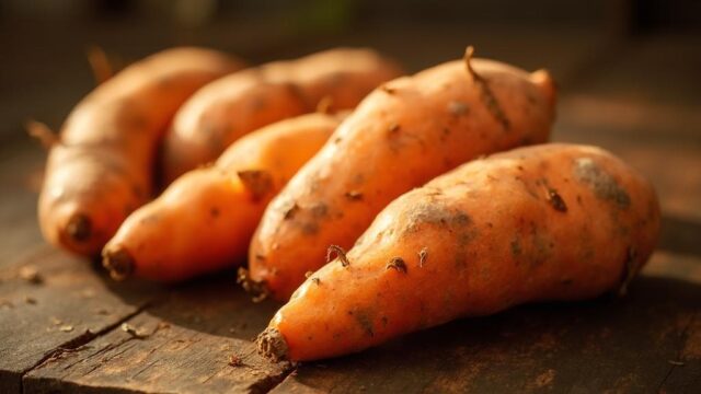 Close-up de batatas-doces laranja assadas numa bancada de madeira